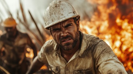 Fototapeta premium This exhilarating image captures a firefighter braving intense flames, embodying bravery and resilience while working tirelessly to protect lives and the environment.