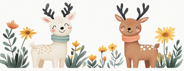 Fototapeta premium whimsical Isolated cute cartoon pastel Cute cartoon deer with flowers in background.