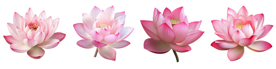 Fototapeta premium Pink Lotus Flower – A delicate pink lotus flower symbolizing purity and beauty often found in serene water gardens. Isolated on Clear White Background Highly Detailed