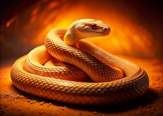 Fototapeta premium Beige Snake Curled on Vibrant Orange Background - Night Photography