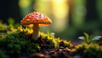 Fungal cap glows softly in sunlight filtering through forest canopy, forest floor, fungi