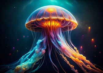 Naklejka premium Bioluminescent Jellyfish in the Ocean Depths: Dark Underwater Scene
