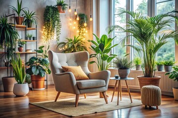 Fototapeta premium Modern Living Room Interior: Comfortable Chair, Greenery, Natural Light