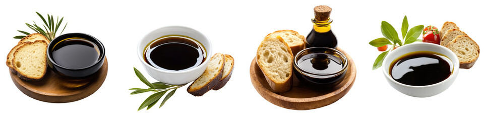 Olive Oil with Balsamic Vinegar Dip – A simple and flavorful dip made from high-quality olive oil and balsamic vinegar often served with bread. Isolated on Clear White Background Highly Detailed