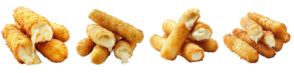 Mozzarella Sticks – Fried sticks of mozzarella cheese breaded and crispy on the outside with a gooey cheese filling. Isolated on Clear White Background Highly Detailed