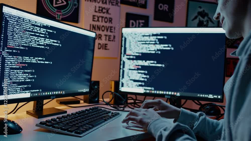 Fototapete coding session at night in a modern workspace with dual monitors and stylish decor