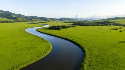 Obraz premium Aerial view of meandering river flowing through lush green fields and hills, showcasing beauty of nature and tranquility in vibrant landscape