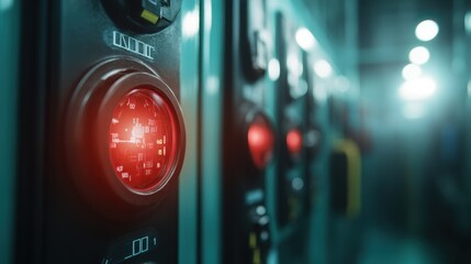 A close-up view of a control panel showcasing vibrant red indicator lights, reflecting a modern technological environment and the essence of industrial machinery.