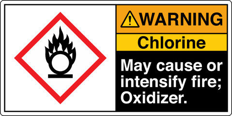 Obraz premium ANSI Z535 GHS Chemicals Label Warning Chlorine May Cause or Intensify Fire Oxidizer Horizontal Black