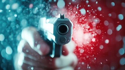 A powerful close-up of a handgun being pointed directly at the viewer, filled with tension and capturing the essence of fear or danger in a cinematic manner.