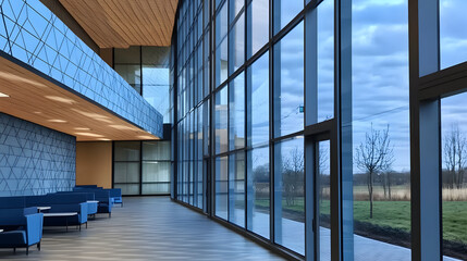 Obraz premium High-Resolution Landscape Photography: Industrial Building Lobby with Blue Glass and Geometric Patterns, Contrasting Indoor and Outdoor Spaces