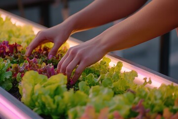 Hands gently tending to vibrant, freshly grown lettuce in a modern indoor garden.