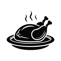 Roasted turkey icon, black and white silhouette, steaming hot, platter, thanksgiving dinner, simple graphic design, vector illustration