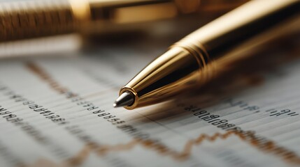 A luxurious gold pen placed atop financial documents, symbolizing wealth, investment, and decision-making in a polished and sophisticated setting revealing clarity.