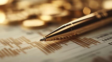 A shimmering gold pen lying over financial reports scattered with gold coins, manifesting themes of wealth management and the intricate nature of business transactions.
