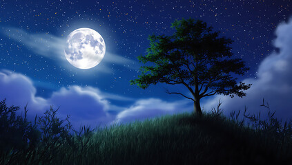 Naklejka premium Moonlit Night with Lone Tree