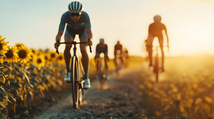 Cyclists Racing Through a Glowing Field of Sunflowers