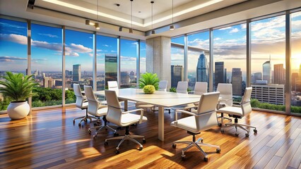 Fototapeta premium Modern Office Meeting Room Panoramic City View - 3D Render