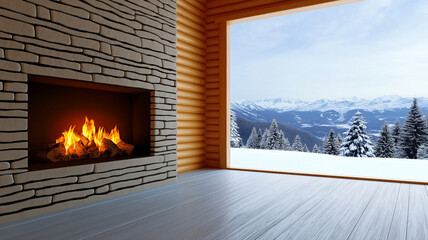 Fototapeta premium Cozy mountain lodge interior with fireplace and snowy landscape. warm glow of fire contrasts with cold winter scenery outside, creating serene atmosphere