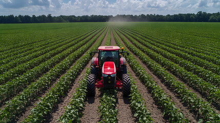Tractor spraying soybean field