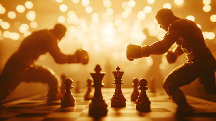 Illuminated Chess-Boxing Match with Floating Glowing Chess Pieces