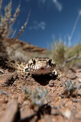 Hognose Snake Burrowing: A hognose snake with its upturned snout burrowing into sandy rocky soil. Reptile. Wildlife. Snakes.
