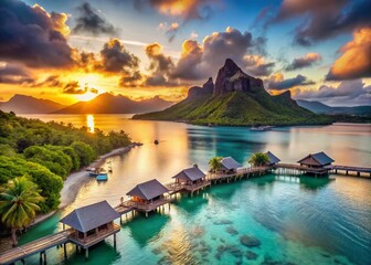 Obraz premium Bora Bora Lagoon: Turquoise Waters & Overwater Bungalows at Sunset