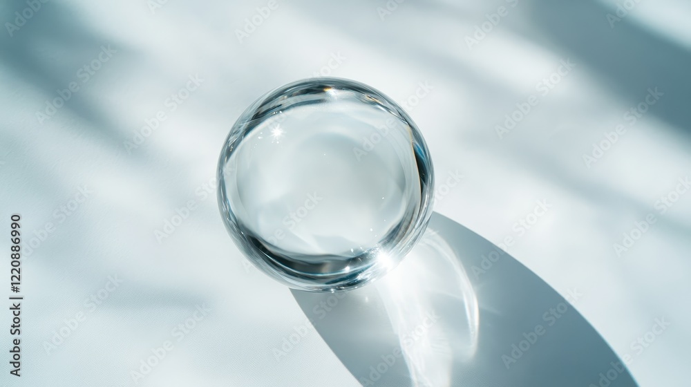 Poster the image features a clear glass sphere placed on a smooth surface, with soft shadows and gentle hig