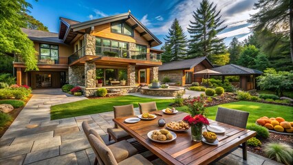 Obraz premium Modern Stone & Wood Home Exterior with Lush Greenery - Stock Photo