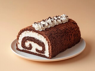 Photograph of a chocolate roll cake on a white plate, front view, flat lay, isolated against a beige background, with soft lighting, studio shot, high resolution, hyper-realistic. 