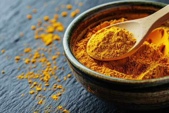 Wooden spoon scooping golden turmeric powder from a ceramic bowl on a dark slate background - Powered by Adobe
