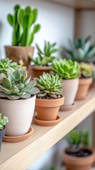 Fototapeta premium Collection of various succulent plants arranged on wooden shelves in a bright indoor space showcasing green foliage and decorative pots