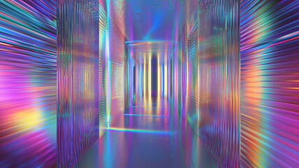 Vibrant Abstract Corridor with Holographic Rainbow Light Effects and Reflective Metallic Surfaces, Futuristic Neon Background for Digital Art and Design Concepts