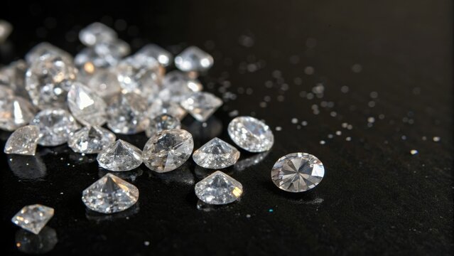 A bundle of raw diamonds in various sizes and shapes on a black surface with subtle sparkle and shine, black, diamonds, dark, jewels, textured