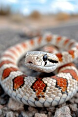 Obraz premium Hognose Snake Burrowing: A hognose snake with its upturned snout burrowing into sandy rocky soil. Reptile. Wildlife. Snakes.