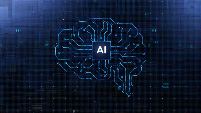 AI chip on a circuit board. Symbolizes technological advancement and artificial intelligence integration. 3d rendering, conceptual image.