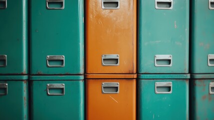 A unique arrangement of vintage storage boxes showcases distinct patina finishes in teal and orange, evoking nostalgia while highlighting their practical appeal and character.