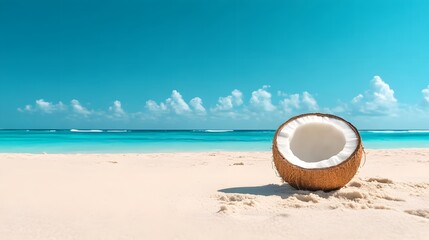 Coconut on Sandy Beach with Turquoise Ocean and Blue Sky, Perfect for Tropical Vacation Imagery and Summer Travel Inspiration, Relaxation and Serenity Theme