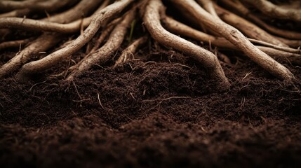 This image offers a close-up view of intricate tree roots sprawling within rich, dark soil, showcasing the deep connection between nature, sustenance, and growth.