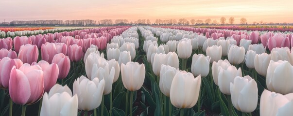 Fototapeta premium Pink & white tulips field at sunrise. Dutch landscape. Springtime blooms
