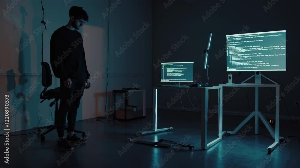 Poster exploring technology and isolation in a dimly lit modern workspace during late night coding session