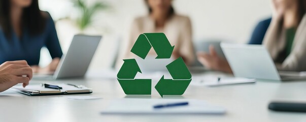Team discussing green supply chain strategies in a conference room with digital tools