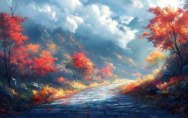 Fototapeta premium Autumn Hill Path Stone Road Landscape Illustration