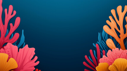 Vibrant coral reef with colorful corals and sea plants against blue background, creating lively underwater scene. Perfect for marine themed designs