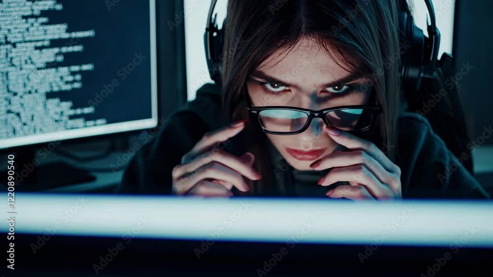 Poster young woman coding late at night in a dimly lit room with multiple monitors displaying computer code