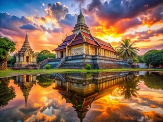 Chiang Mai's Wat Chedi Luang Temple: Double Exposure Sunrise Stock Photo