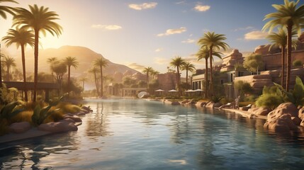 A sun-drenched desert oasis with palm trees and sparkling water.
