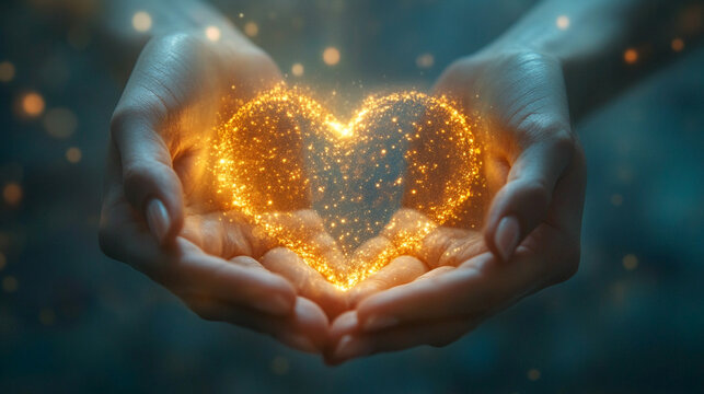 Hands gently holding a glowing golden heart made of sparkling light particles in a magical atmosphere. Close-up