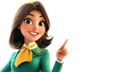 A cartoon air hostess with a green uniform, shoulder-length hair, and a matching scarf, pointing towards an emergency exit with a friendly expression, white background.