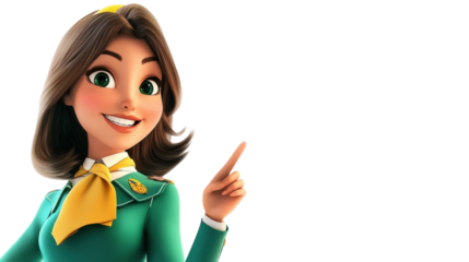 A cartoon air hostess with a green uniform, shoulder-length hair, and a matching scarf, pointing towards an emergency exit with a friendly expression, white background.